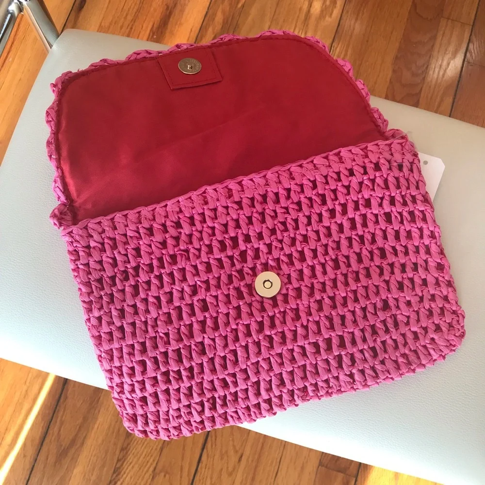 Pink Raffia Straw Clutch Woven Handbag, Feminine Summer Resort Vacation, New